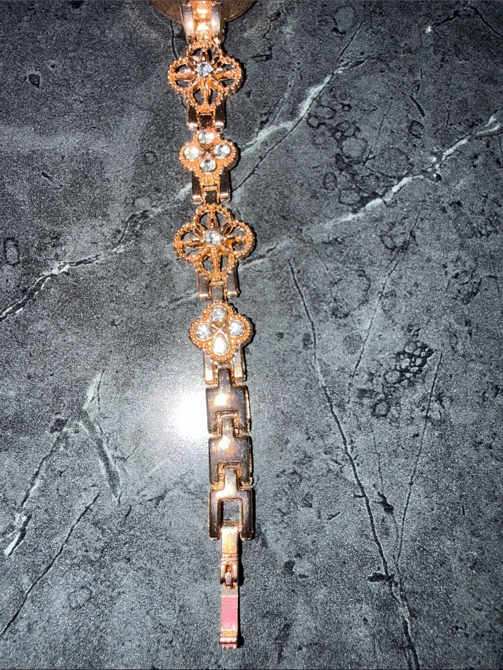 Delicate Rose Gold Floral Link Bracelet Watch with Pink/purple mother of pearl